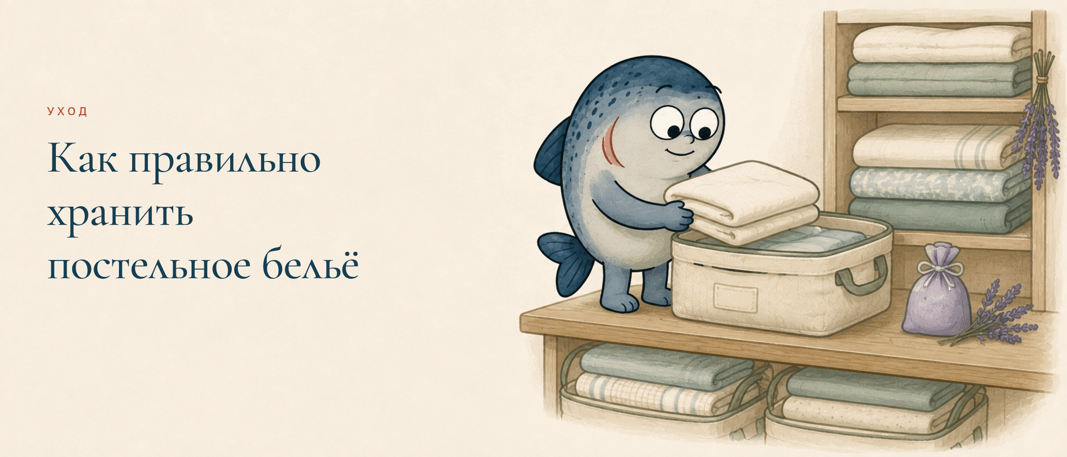 Маскот Coho складывает чистое постельное бельё для правильного хранения